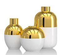 White and Gold Ceramic Flower Vase Set of 3,Glossy Gold Modern Round Decorative Vases for Pampas Grass Home Decor,Bedroom,Office,Living Room,Bookshelf,Wedding,Bathroom Table Centerpiece (White)