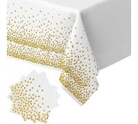 White And Gold Dot Tablecloth - Large Disposable Plastic Table Cover With Napkins For Birthday Christmas Wedding Party Decor, Festive Glossy Golden Polka Dots, Elegant Modern Design, Coordinated
