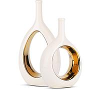 White and Gold Vase Ceramic White Vases Home Decor,Modern Minimalist Circle with Hole Decorative Vase, Hollow Ellipse Flower vases for Bookshelf, Fireplace Mantle, Centerpieces,Farmhouse,Rustic Décor
