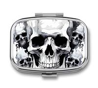 White and Gray Skull Graphics Pill Box 2 Compartment Small Pill Case for Purse Or Pocket Mini Metal Pillcase Medicine Organizer, Square Daily Medicine Container to Hold Vitamins, Fish Oil