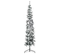 'vidaXL Artificial Half Christmas Tree with Flocked Snow - 180 cm Tall Green and White Slim Christmas Tree Made of PVC and Steel - Space-Saving Xmas Decor Feature