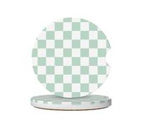 White and Green Checkered Car Coasters for Cup Holders,2 Pack Car Cup Holder Coasters for Car,Ceramic Absorbent Car Coaster with A Finger Notch and Cork Base,Car Interior Accessories for Women Men