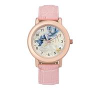 White and Indigo Blue Lotus Womens Elegant Watch Analogue Quartz Watch Leather Band Wristwatch