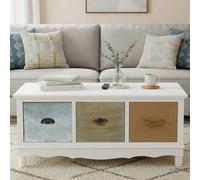 White and Natural Storage Rectangular Coffee Table with 3 Drawers, Weymouth