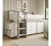 White and Oak Mid Sleeper Cabin Bed with Desk and Storage - Aire