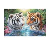 White And Orange Tigers in Forest Pond 1000-piece Jigsaw Puzzle Set For Adults Teens 14+ Logic Skill Indoor Game Family Game Night Summer Paperboard 1000 PCS