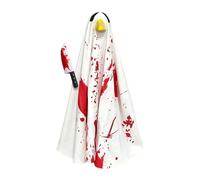 White and Red Blood Print Halloween Pet Cape with Handle | The long white cape is marked with red splatter-style details and has a dark neck fastening, giving it a striking Hallowee