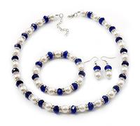 White and Royal Blue Imitation Pearl Bead With Diamante Ring Necklace/Flex Bracelet & Earrings Set - 44cm L/ 4cm Ext