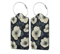 White Anemones & Leaves Luggage Tag with Privacy Flap for Suitcase Leather Luggage Tags 2 PCS