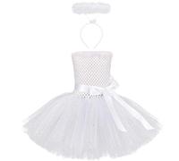 White Angel Costume Girls Kids Handmade Puff Tutu Tulle Princess Dress with Angel Halo Headband 2pcs Fairy Outfit for Halloween Cosplay Birthday Party Carnival Christmas Book Week Dress Up 7-8 Years