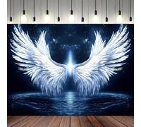 White Angel Wings Backdrop Dark Blue Starry Sky Water Reflection Background for Photography, Glowing Light Angel Wing Photo Booth Banner for Wedding, Baptism, Birthday Party Portrait，Blue：7X5FT