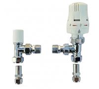 White Angled TRV Thermostatic Radiator Valve Towel Rail Valve 1/2" / 10mm | 15mm to 10mm, Designer, TRV + Lock shield Set, Central Heating