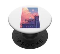White Anime Cat on Rooftop at Sunset with Pink Clouds PopSockets Adhesive PopGrip