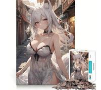 White Anime Fox Girl Adults 1000 Pieces Puzzle Mental Fun Game Advanced Laser Cutting Tech Amusing Challenge for Waiting Time (50x75cm)