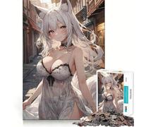 White Anime Fox Girl Jigsaw Puzzles 1000 Mental Focus Game Precision Cut Smooth Edges Meaningful Connection Building Game (38x26cm)