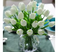 (White) Artificial Flowers Fake Flower Tulip Latex Material Real Touch for Wedding Room Home Hotel Party Decoration and DIY Decor