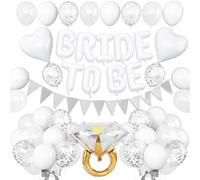 White Bachelorette Party Decorations, White Bride To Be Bridal Shower Balloons Decorations, Silver Confetti Balloons with Diamond Ring Heart Balloon for Bachelorette Engagement Wedding