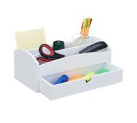 White Bamboo Desk Organiser with Drawer, Letter Tray, Office Storage Rack