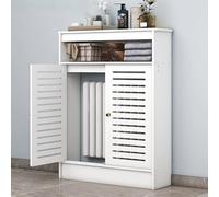 White Bathroom Cabinet with Louvered Grill, 2-Door Radiator Cover, Vertical Slats, Decorative Heating for Living Room, Large Storage Solution