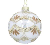 White Bauble, White & Gold Christmas Decoration, Glitter Swag Bauble, Glitterball, Glittering Sparkling Glass Luxury Christmas Tree Decoration, Hanging Art Deco Xmas Decor
