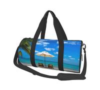 White Beach Tropical Sea Large Round Travel Duffle Bag, Full-Print Canvas Weekender with Padded Lining, Multiple Pockets,Detachable Shoulder Strap and Soft Leather Handles