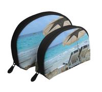 White Beach Tropical sea Portable Shell Cosmetic Bag Set - Travel Makeup Organiser with Zipper & Inner Compartments