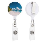 White Beach Tropical Sea Retractable Badge Reel - Personalized ID Name Badge Holder with Lanyard Cute Badges Reel Holder Round Nurse Doctor Name Tag Badges Clip for Work