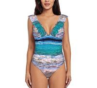 White Beach Tropical Sea Women's A Piece Swimsuit with Lotus Leaf Shoulder Strap,Perfect for Beach Party,Hawaii Trip