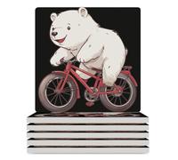 White Bear Riding Bicycls Ceramic Coasters Square Drinks Coaster Decorative Coasters Set Kitchen Desktop Decor 6PCS