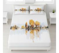 White Bedding Fitted Sheet Lake Autumn Leaves Landscape Easy Care Impressionist Fully Elasticated Sheet Natural Serene Misty Artistic Deep Pocket 90 x 190 x 30 Girls