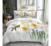 White Bedding Quilt Cover Set Double 200x200 cm Bee Flower 3 Pieces Duvet Cover Sets, with Zipper Closure and 2 Pillowcases, Non-Iron Easy Care Bedding Set