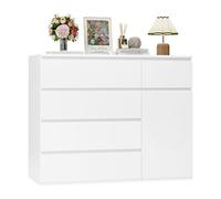 White Bedroom Chest of Drawers with 5 Drawers and 1 Door Large Storage Dresser for Living Room and Hallway Wide Sideboard 100x40x80cm