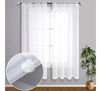 White Bedroom Curtains 63 Inch Length 2 Panel Rod Pocket Shabby Chic Farmhouse Cozy Pom Pattern Dot Textured Window Semi Sheer Short Boho Cute Curtains for Nursery Kitchen Sill Therapy Room Decor