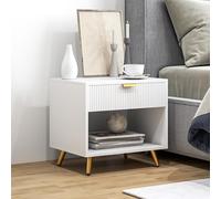 White Bedside Cabinet Table Gold Legs Drawer Shelf Ribbed Nightstand Modern