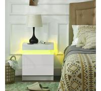 HOMCOM White Bedside Table, High Gloss Front Nightstand w/ LED Light, 2 Drawers
