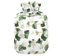 White Begonia Green Leafs Water Bottle for Hot Water with Soft Cover, 1L Hot Compresses for The Body for Period Cramps