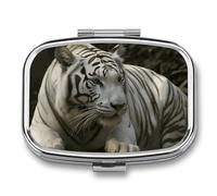 White Bengal Tiger Pill Box,2 Compartments Square Pills Container,Portable for Pocket Or Purse Pill Organizer to Hold Vitamins,Medication,Fish Oil,etc