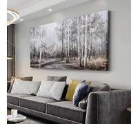 White Birch Tree Wall Art Grey Forest Painting Abstract Canvas Art Landscape Panoramic Picture Nature Artwork Framed for Living Room Bedroom Dinning Room Home Office Wall Decor 48"x24"