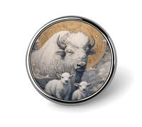 White Bison with Sheep Round Badge Pin Metal Memorial Brooch Button Lapel Pins for Backpack Wedding