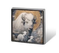 White Bison with Sheep Square Badge Pin Metal Memorial Brooch Button Lapel Pins for Backpack Wedding
