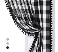 White Black Buffalo Check Pom-Pom Curtains for Bedroom Living Room 72-Inch Farmhouse Classic Plaid Pattern Linen Texture Semi Sheer Curtains Pencil Pleat No See Through Window Draperies 40"w 2 Panels