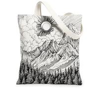 White Black Cool Mountain Canvas Tote Bag for Shopping 13x15, Vintage Nature Scenic Reusable Grocery Print Bag for Women, Scenery Aesthetic Painting Gift Decor