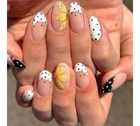 White Black Dot Press On Nails Almond - French Tip False Nails with Yellow Flower - Medium Length False Nails with Glue - Removable Acrylic Nails Stick on Nails for Women Girls