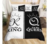 (White Black, Double(No Comforter)) King and Queen Crown Duvet Cover Black White Mr Mrs Double Bedding Set For Adults Men Women,His And Hers Couple Comforter Cover Valentine'S Day