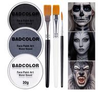 White Black Grey Skeleton Makeup Face Body Paint, Skull Face Painting Kit with Painting Brushes for Halloween, Water Based Face Paints for Goth Ghoul Clown Wolf & Statue SFX Cosplay Stage Make-Up