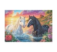 White Black Horse Water Sunset 1000 Piece Jigsaw Puzzle for Adults Teens Study Break Relaxation Brain Exercise Colourful Design Great Gift for Students 1000 PCS