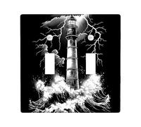 White Black Lighthouse Decorative Switch Cover Plate 2 Gang Double Toggle, Cool Nautical Wave Electrical Faceplate for Bedroom Bathroom Decor, Vintage Ocean Standard Size Switchplate