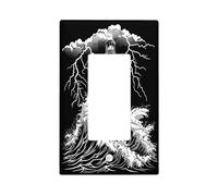 White Black Lighthouse Switch Cover Wall Plate 1 Gang Single Rocker, Cool Nautical Wave Electrical Faceplate for Bedroom Bathroom Decor, Vintage Ocean Standard Size Switchplate