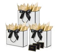 White Black Paper Gift Bags with Handles,3pcs Medium Gift Bags for Presents,Wrapping Gift-Bag with Bow Ribbon Tissue Papers and Cards,28*20*10cm Wrapping Bag for Christmas Birthday Wedding Bridesmaid