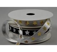 White/Black Satin Ribbon with Silver/Gold Star Print 10mm x 10m roll (Black Satin Ribbon with Silver Star Print 10mm x 10m roll)
